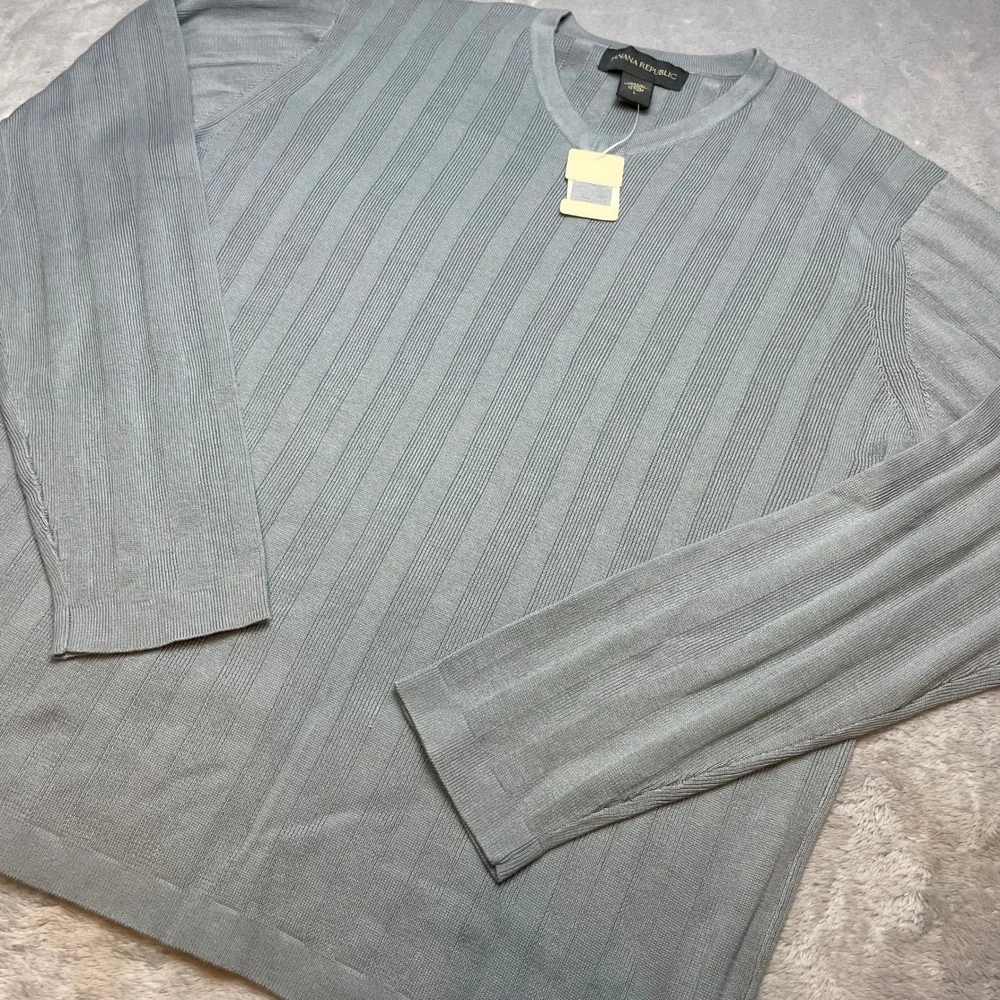 Vtg NWT Banana Republic Mens Ribbed Sweater Size L Blue Gray V-Neck 100% Cotton